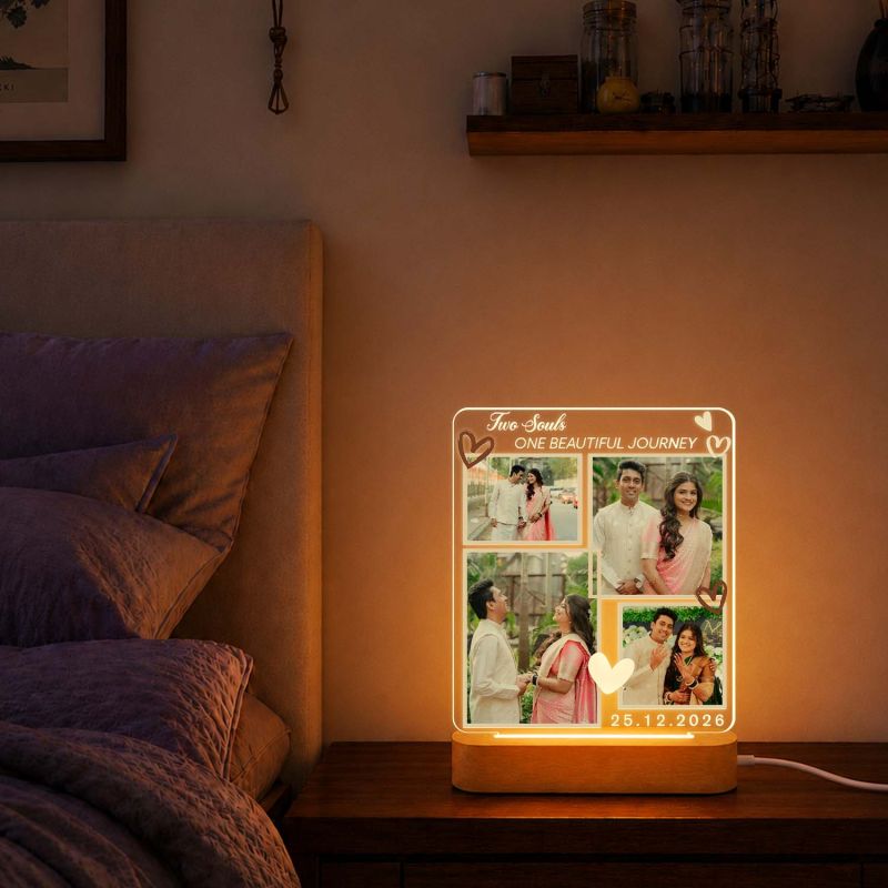 Personalized Couple Photo LED Lamp Custom “Two Souls One Beautiful Journey” Acrylic Night Light Wedding Gift for Husband Wife Gift for Roka Ceremony
